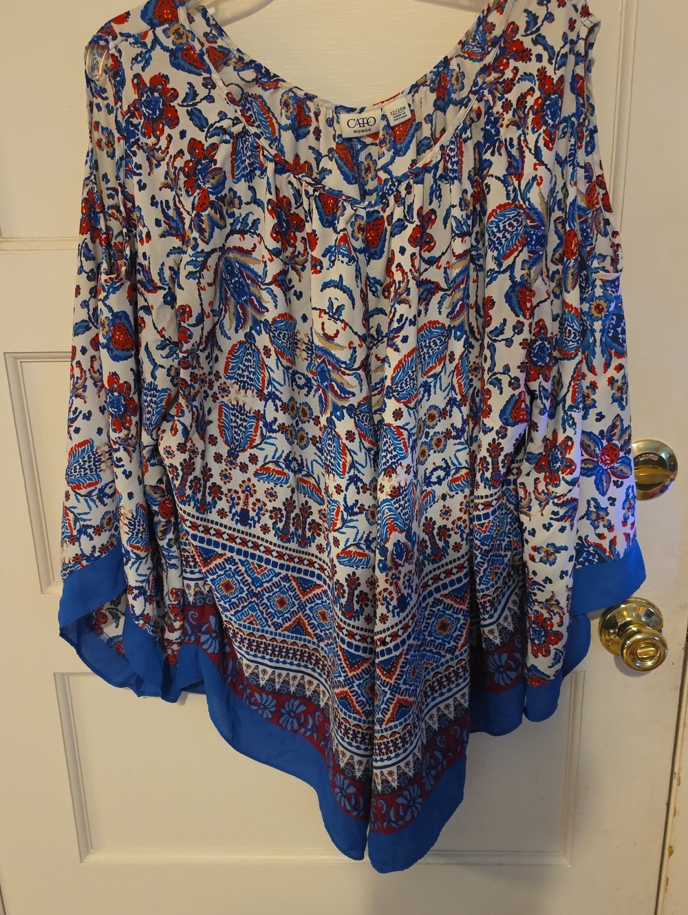 Cato White, Blue & Red Floral Peasant Tunic